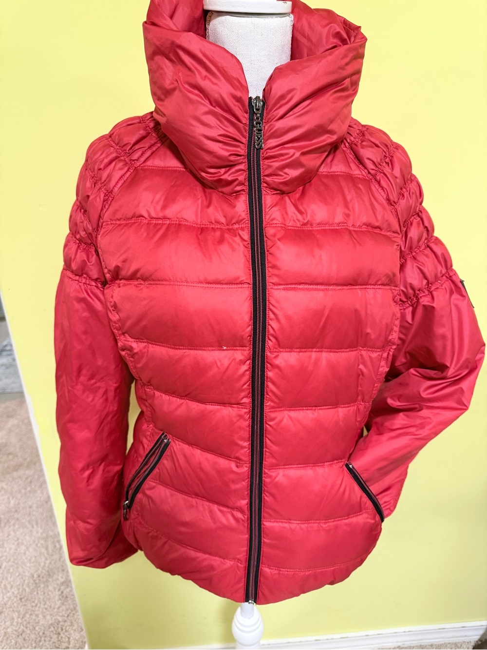 Guess Red Quilted Puffer Jacket with High Collar